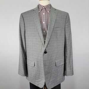 Claiborne Men's Sport Coat Blazer Two Button Gray Plaid Poly Blend Size 48R